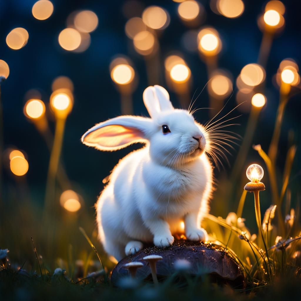Enchanting Rabbit on Mushroom, Whimsical Macro Photography
