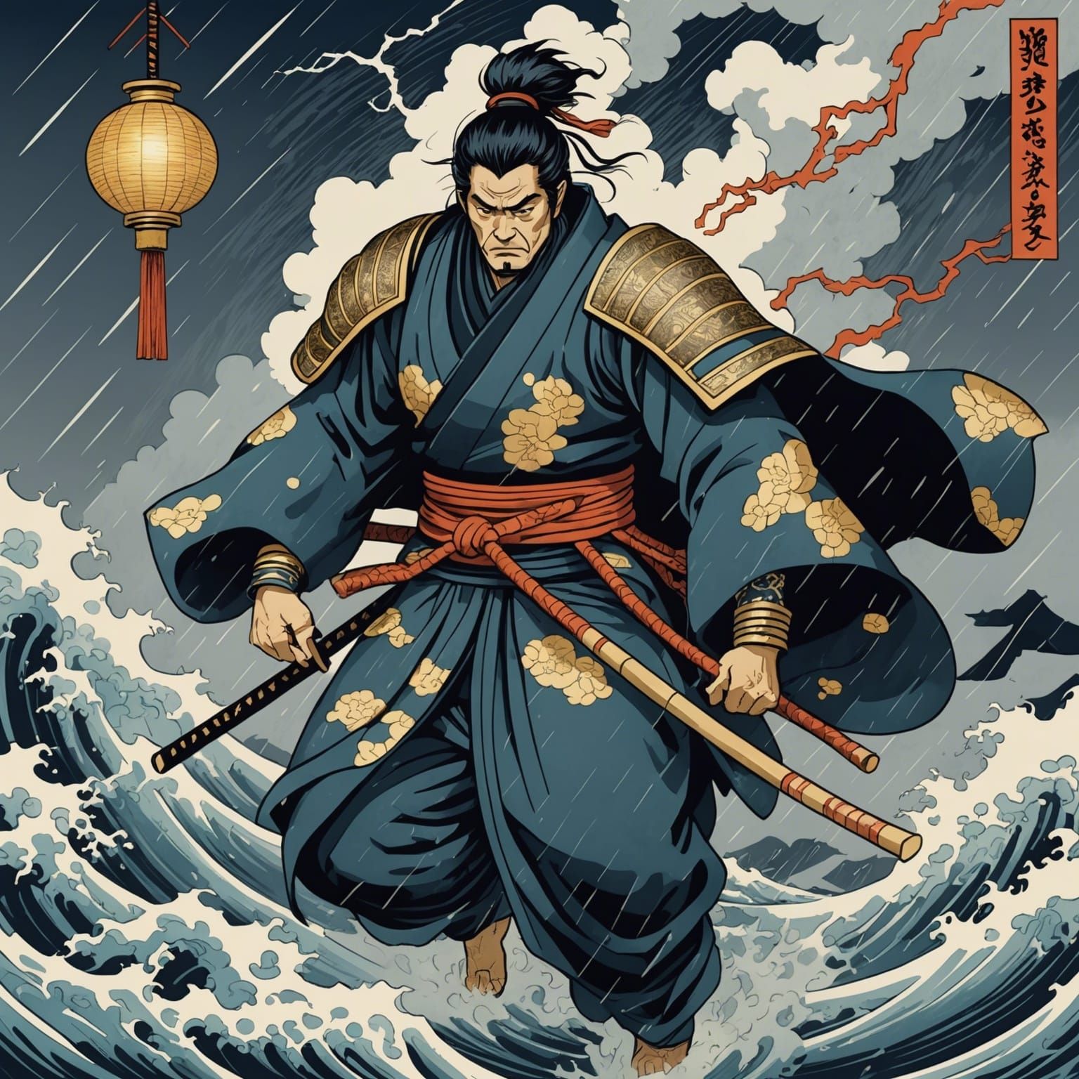 Susanoo Storm God Rains over Kyoto in Ukiyo-e Style