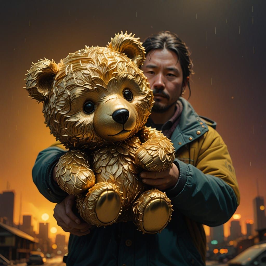 Glowing Golden Teddy Bear in Whimsical Hyperrealism