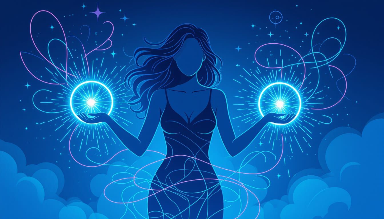 Electric Blue Female Silhouette with Chaotic Sparkles and Ne...