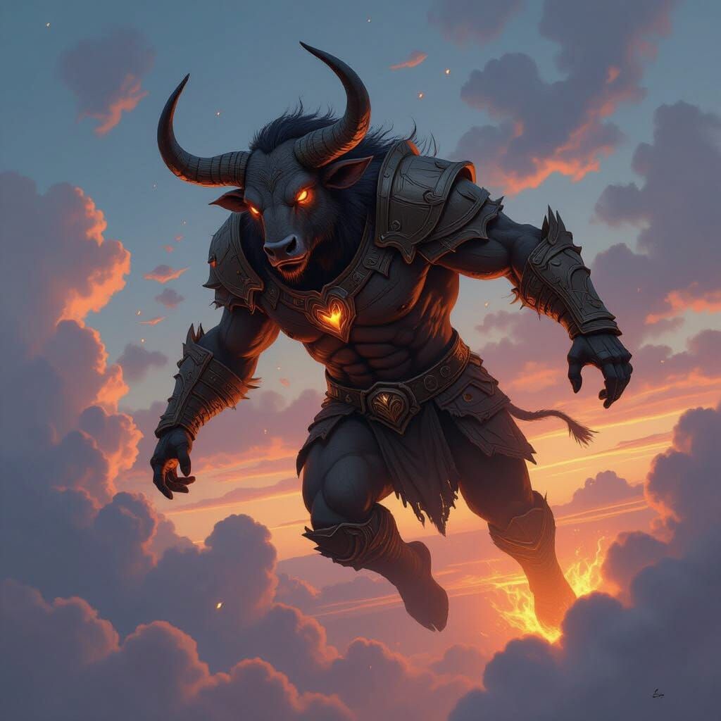 Fiery Minotaur Soaring Through Twilight Sky