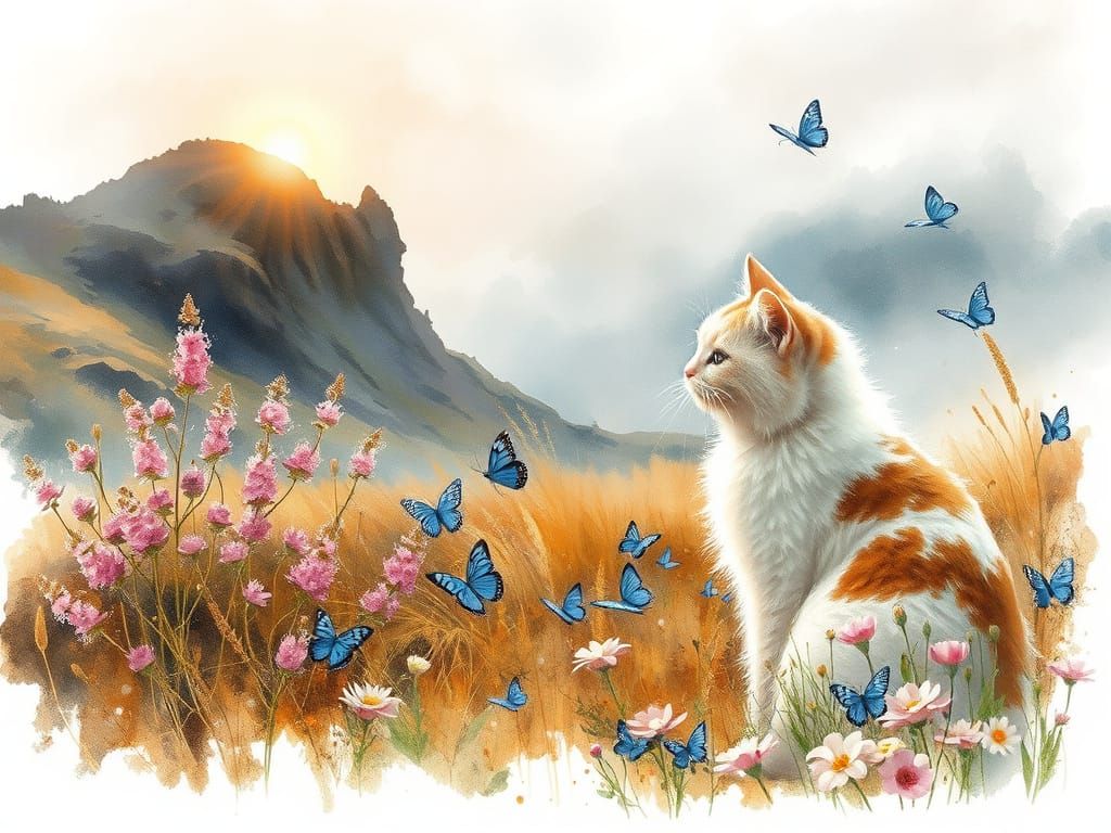 Ethereal Sunrise Moorland Scene with Playful Cat and Butterf...