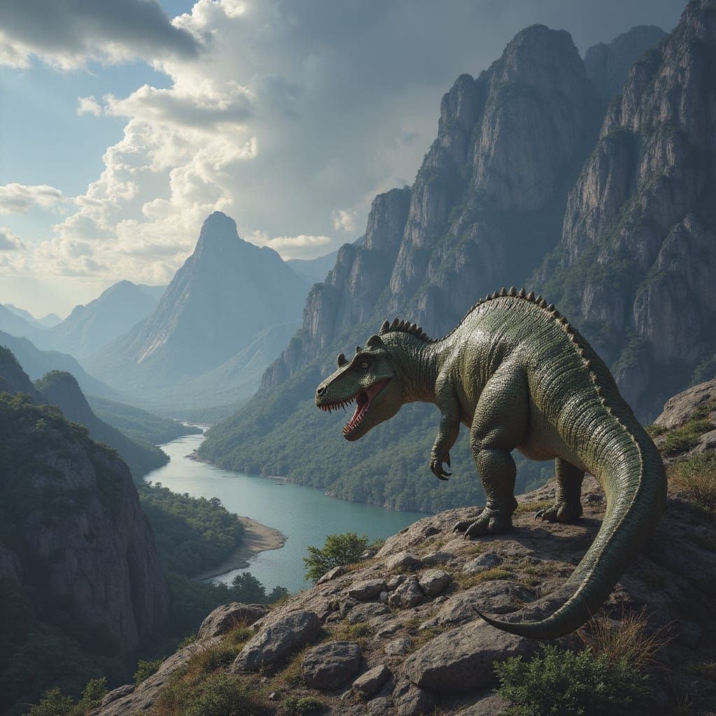 Tyrannosaurus Overlooks Triceratops Herd in Epic Landscape