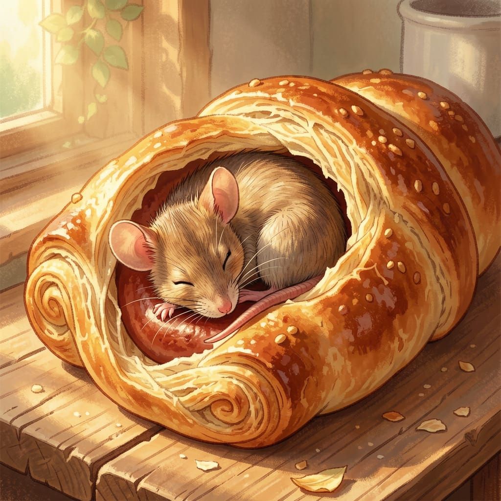 Adorable Mouse Sleeping in Sausage Roll, Whimsical Digital A...