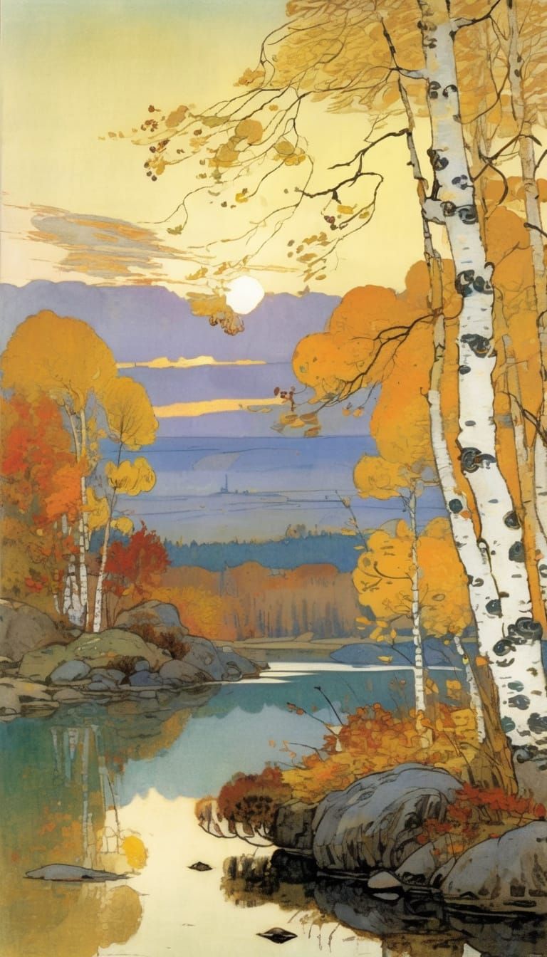 Autumn Birch Tree Reflecting Golden Sunset in Stillwater Pon...