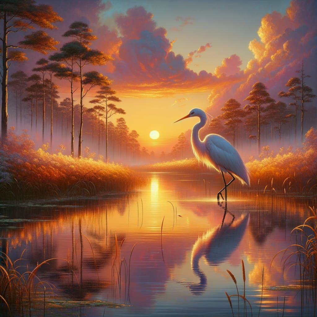 White Egret in Tranquil Sunset Marsh: Digital Art
