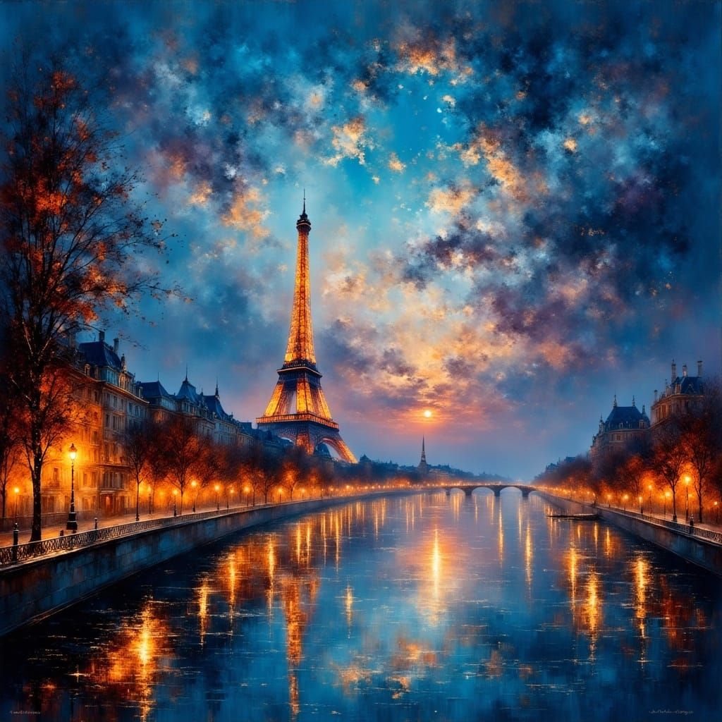 Paris at Twilight Oil Painting with Eiffel Tower