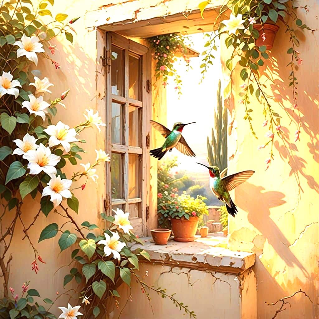 Vibrant Hummingbirds Amidst Jasmine Vines in Adobe Ruins