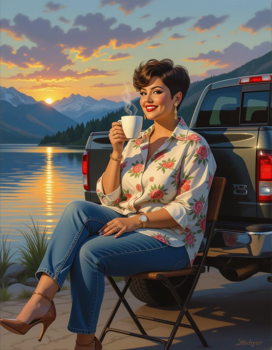 Egyptian Woman Enjoying Coffee by Lake at Sunset