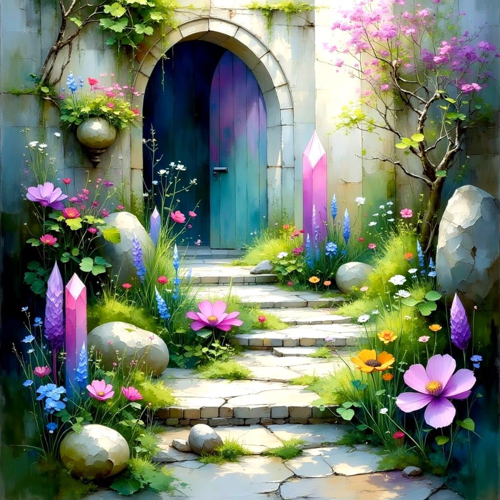 Mystical Pebble Pathway to a Pastel Temple with Shimmering C...