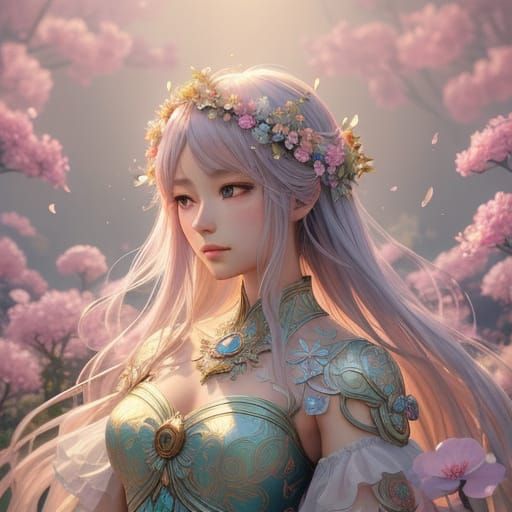 Ethereal Goddess Surrounded by Flowers in 3D Anime Style