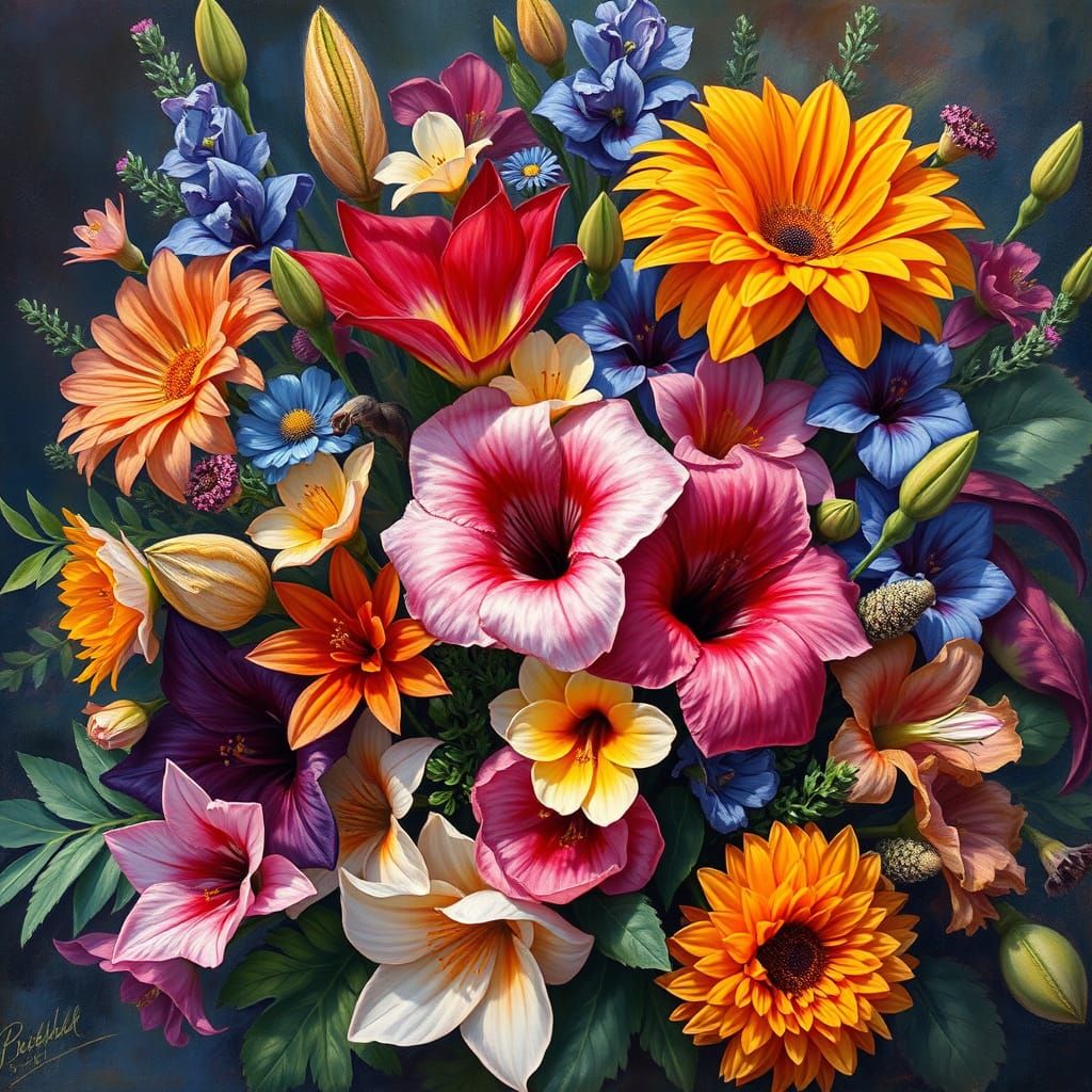 Vibrant Floral Bouquet in Whimsical Artistic Style