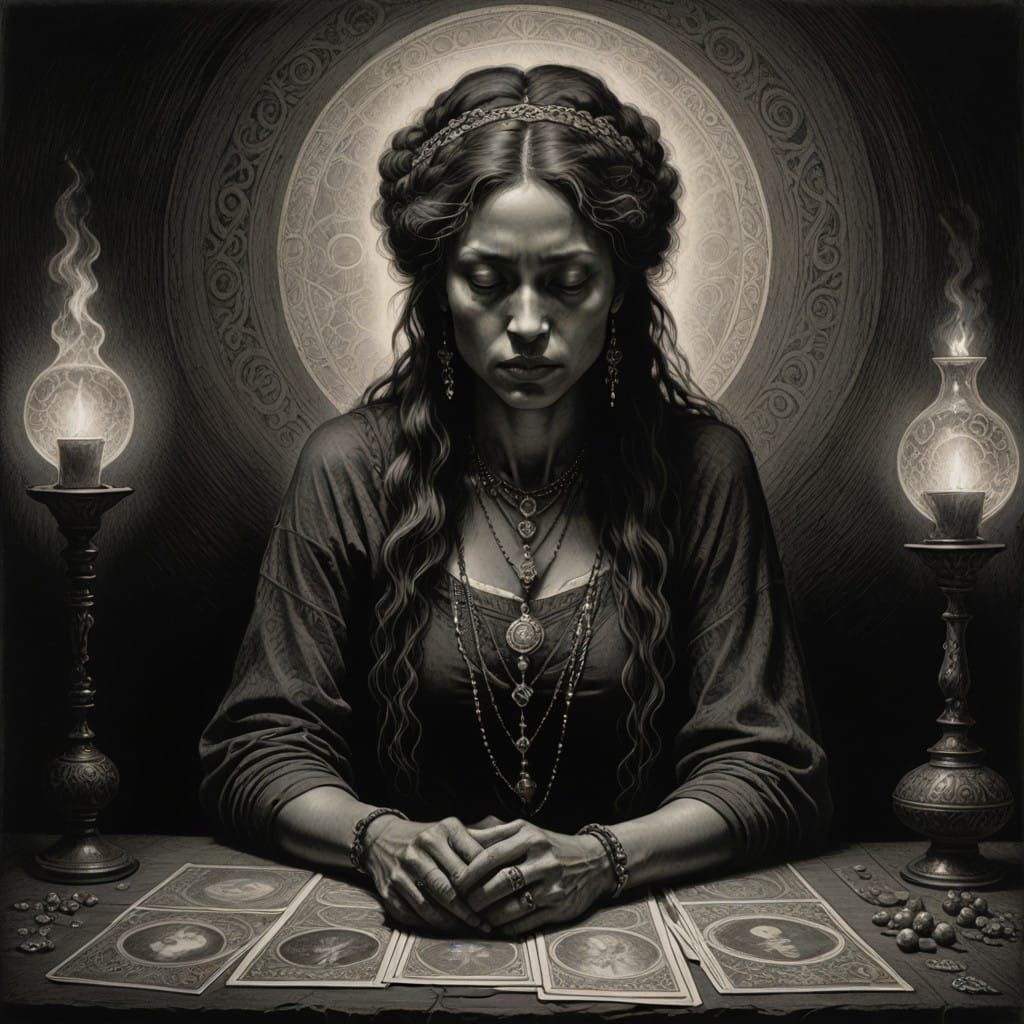 Mystical Gypsy Tarot Reader in Hyperdetailed Charcoal