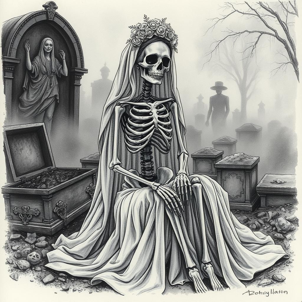 Portrait of a  skeleton bride sitting in a misty graveyard. ...
