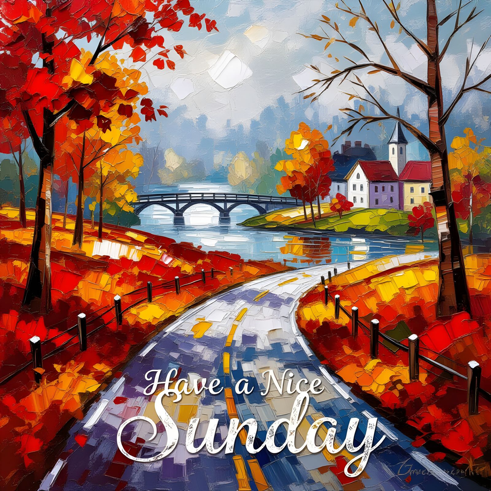 Impasto Autumn Landscape Painting with Winding Road