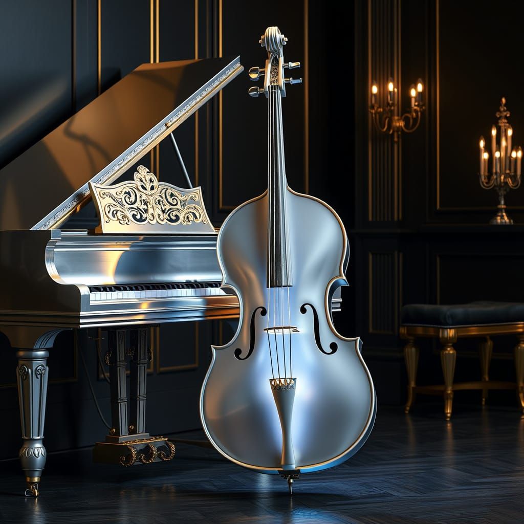 Hyperrealistic Silver Cello Beside Golden Piano
