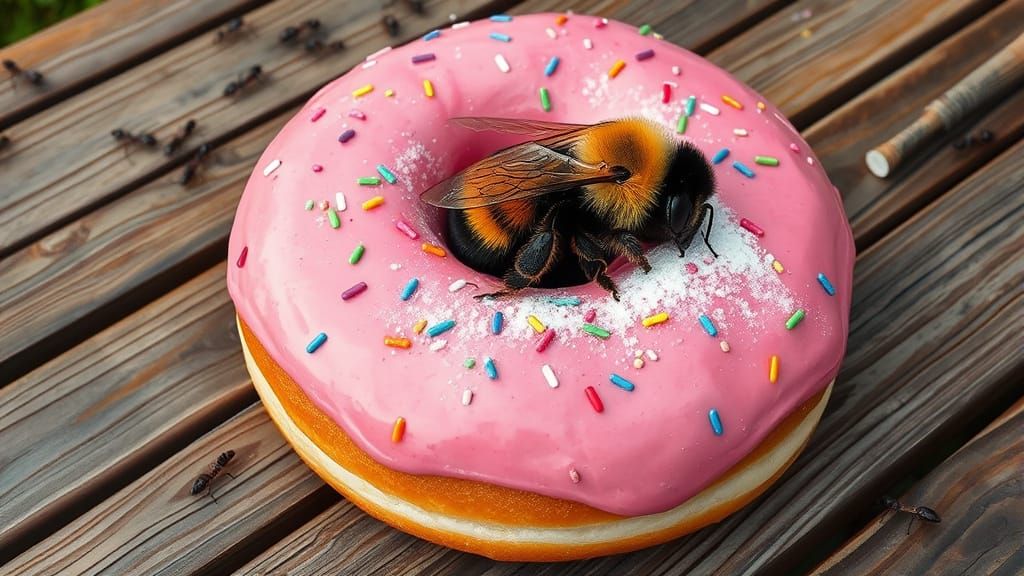 Sleepy Bee Hugs Sprinkled Donut, Playful Illustration
