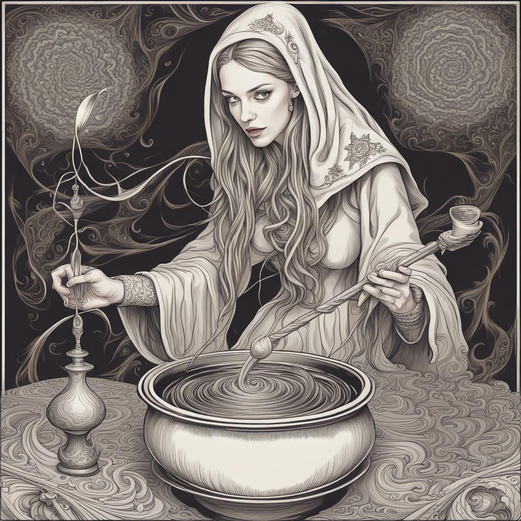 Witch Holding Wizard Card Among Tarot Cards