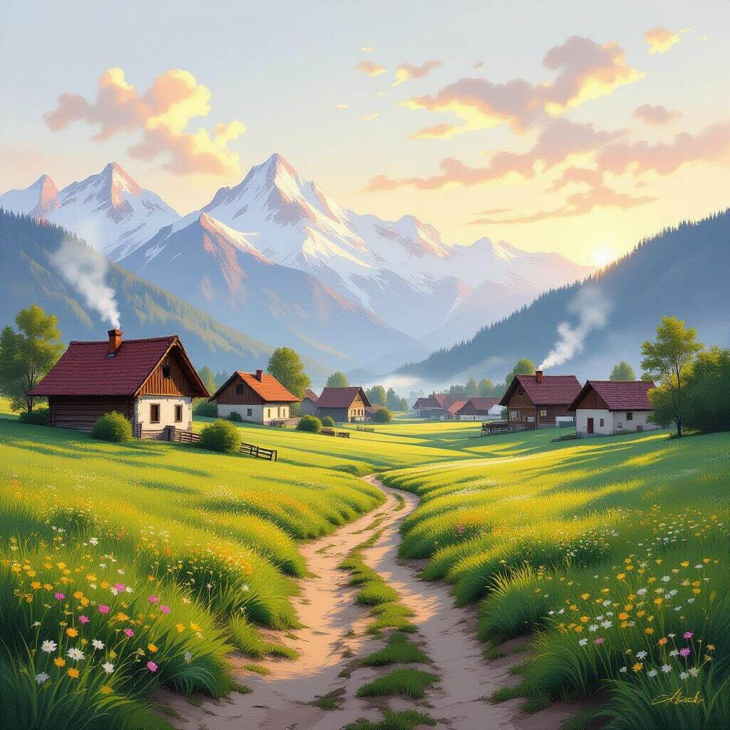 Peaceful Rural Morning Landscape with Sunrise Over Mountains