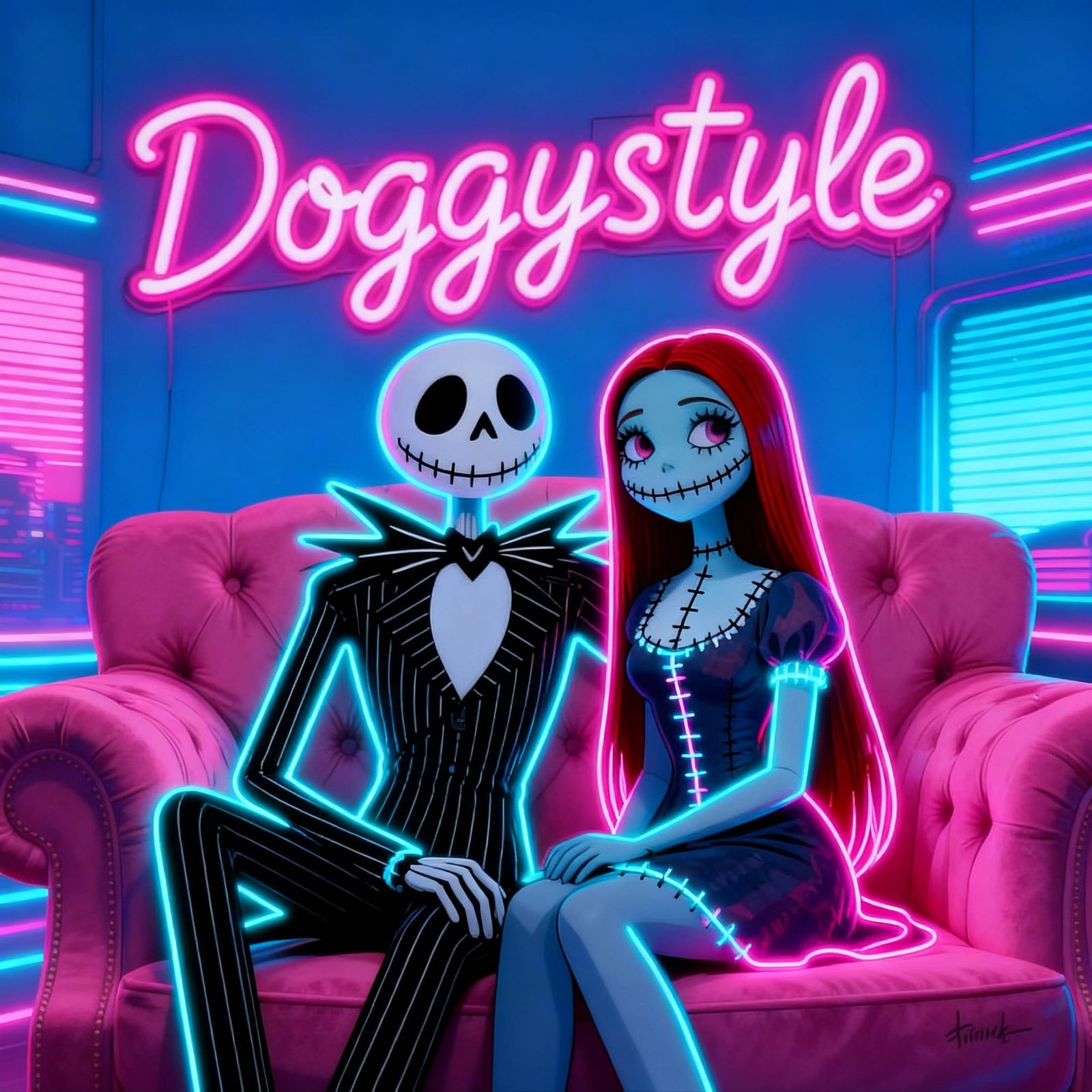 Jack Skellington and Sally Embrace in a Spooky Scene