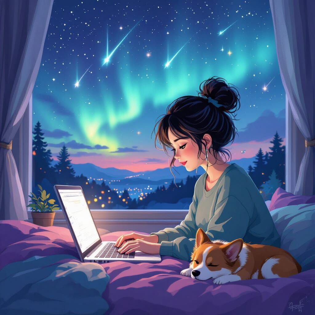 Lofi Girl Typing on Laptop Under Aurora Borealis