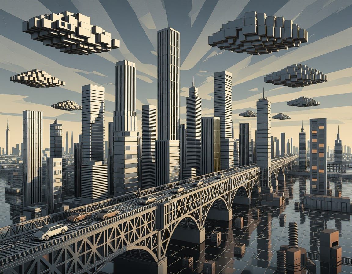 Surreal Constructivist Metal Cityscape of Screws