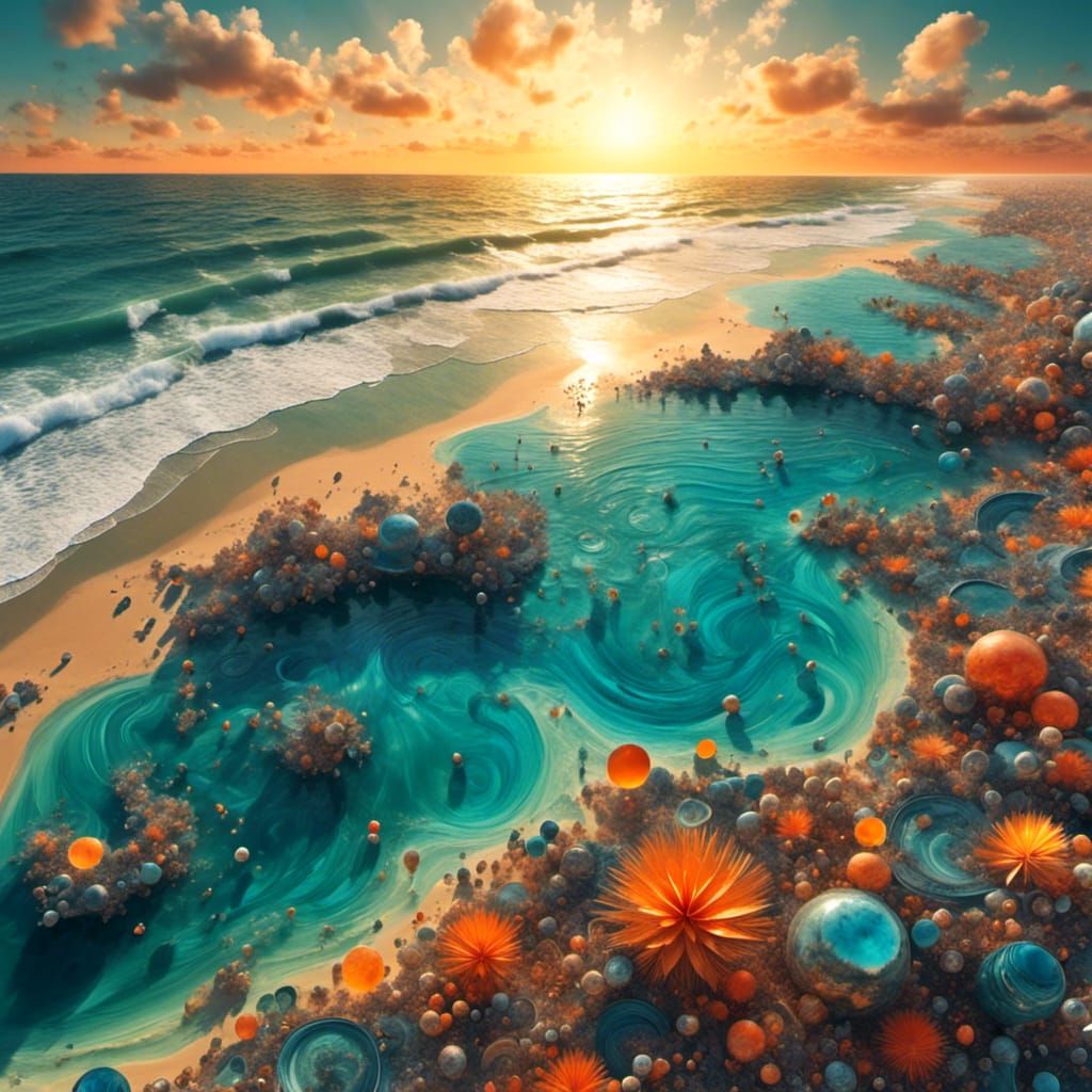 Fractal Sunset Beach in Neosurrealist 3D Style