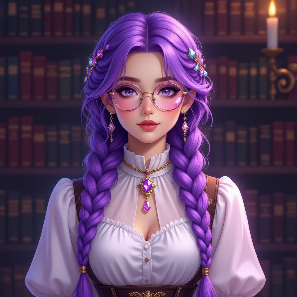 Lavender Librarian with Crystal Braids and Pink Glasses