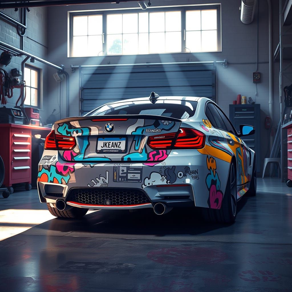 Cartoon BMW M3 in Garage, Digital Art Style