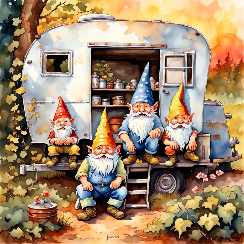 Gnome Family in Trailer: Whimsical Watercolor Illustration