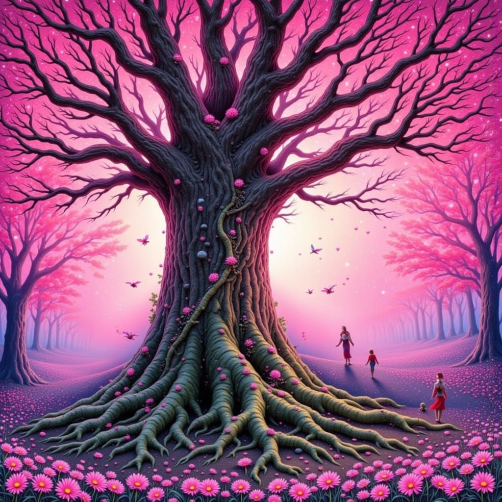 Ethereal Pink Galaxy Tree with Fairies and Elves