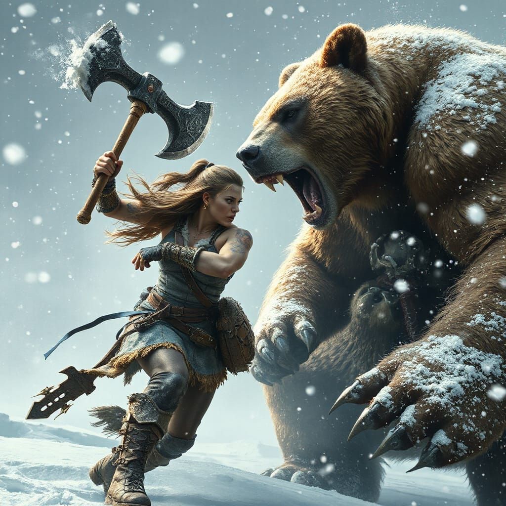 Warrior Battles Giant Bear in Snowy Cinematic Fantasy