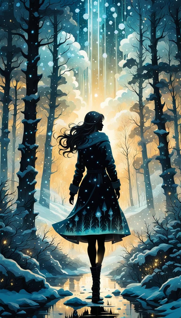 Silhouette in Snowy Forest with Crystals