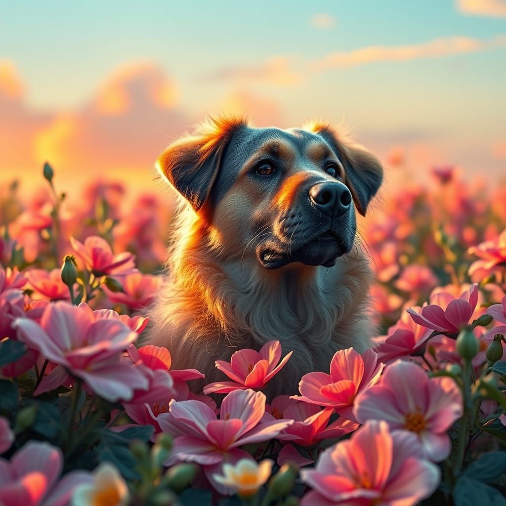 Majestic Dog in Whimsical Floral Wonderland