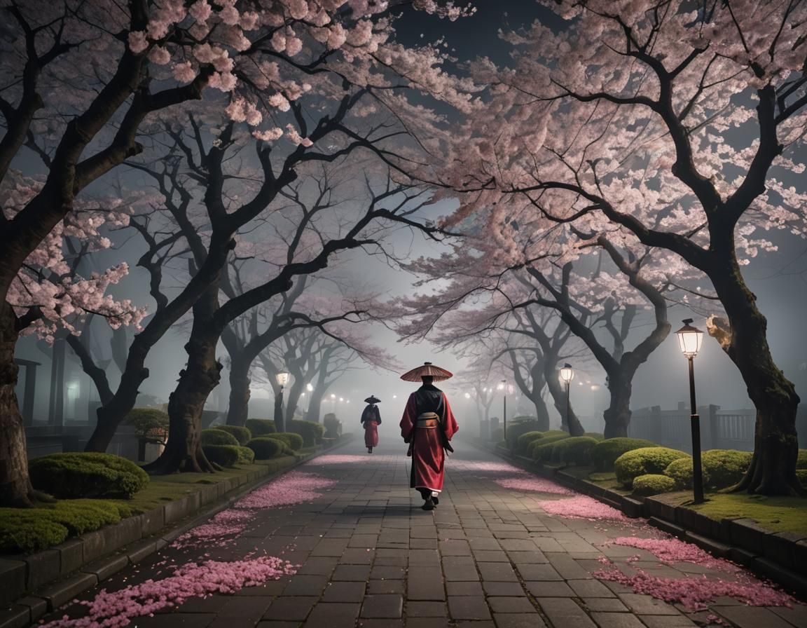 Geisha in Foggy Cherry Blossom Garden at Night