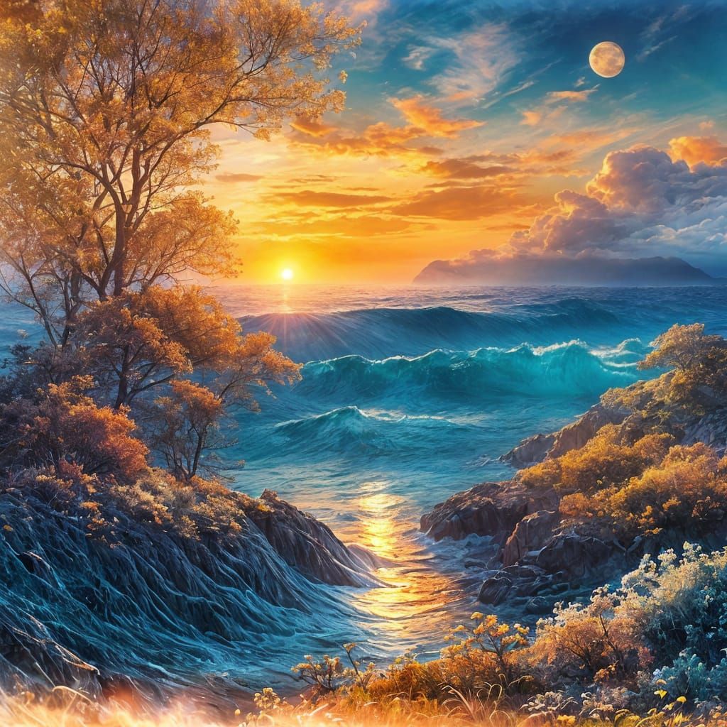 Daybreak Over Blue Ocean with Distant Ship