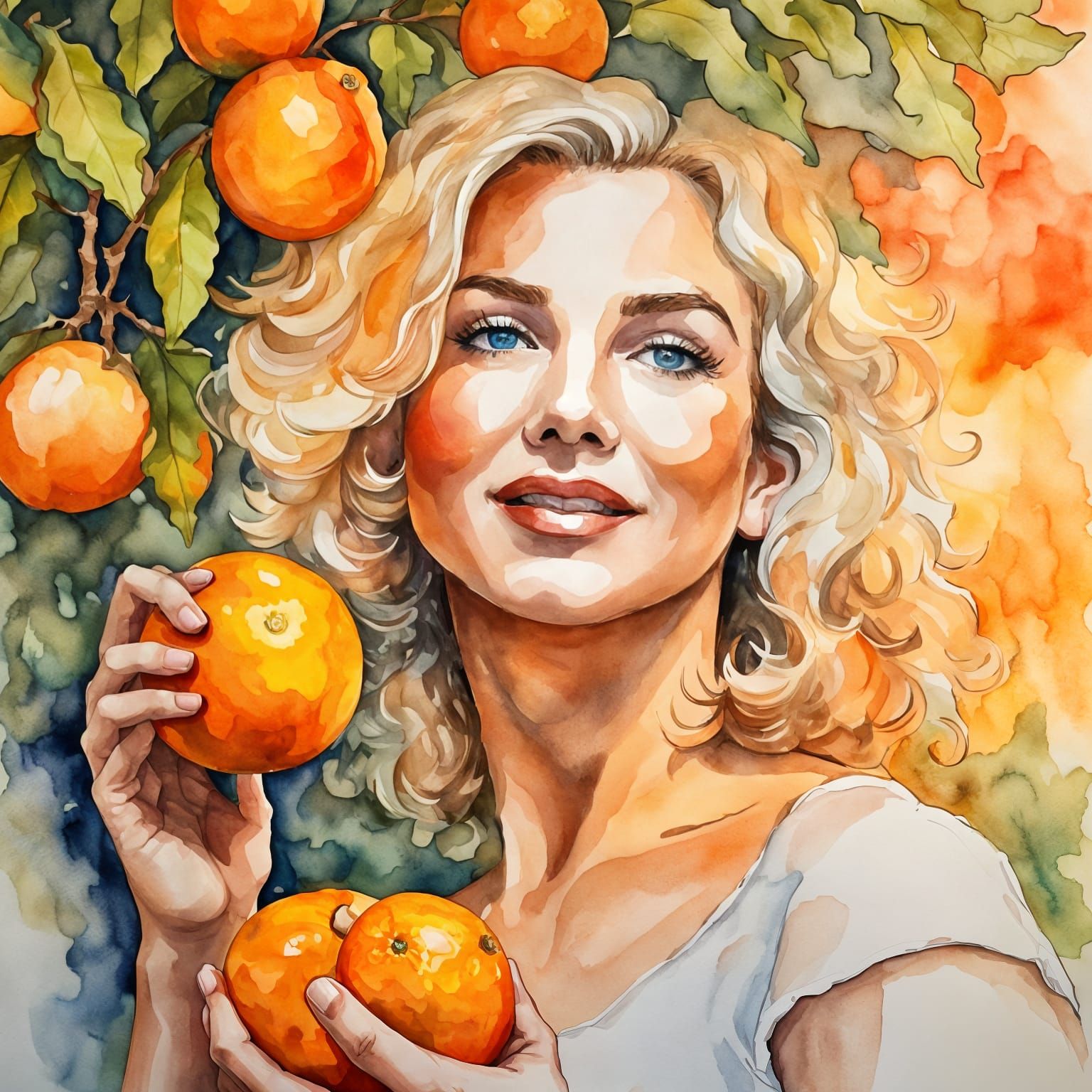 Woman in Orange Orchard Watercolor Painting