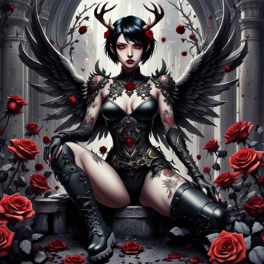 Gothic Angel with Black Roses in Anime Style