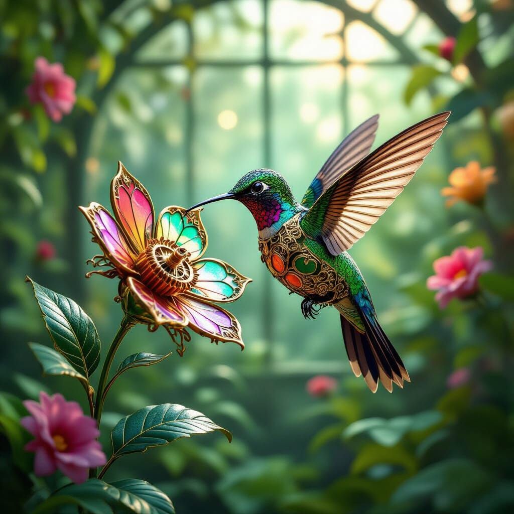 Steampunk Hummingbird in Victorian Greenhouse, Art Nouveau S...