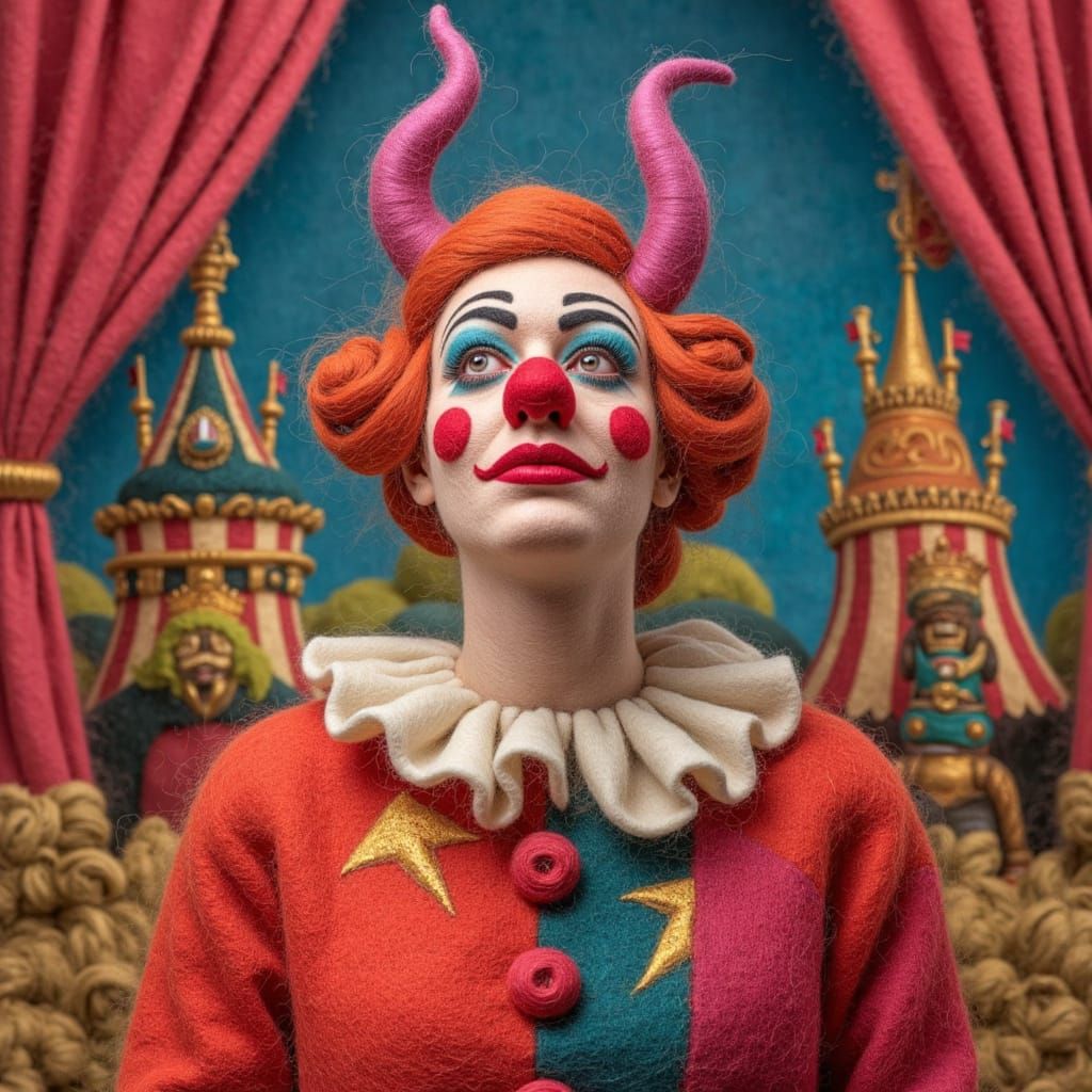 Whimsical Circus Clown in Voluminous Wool Portrait
