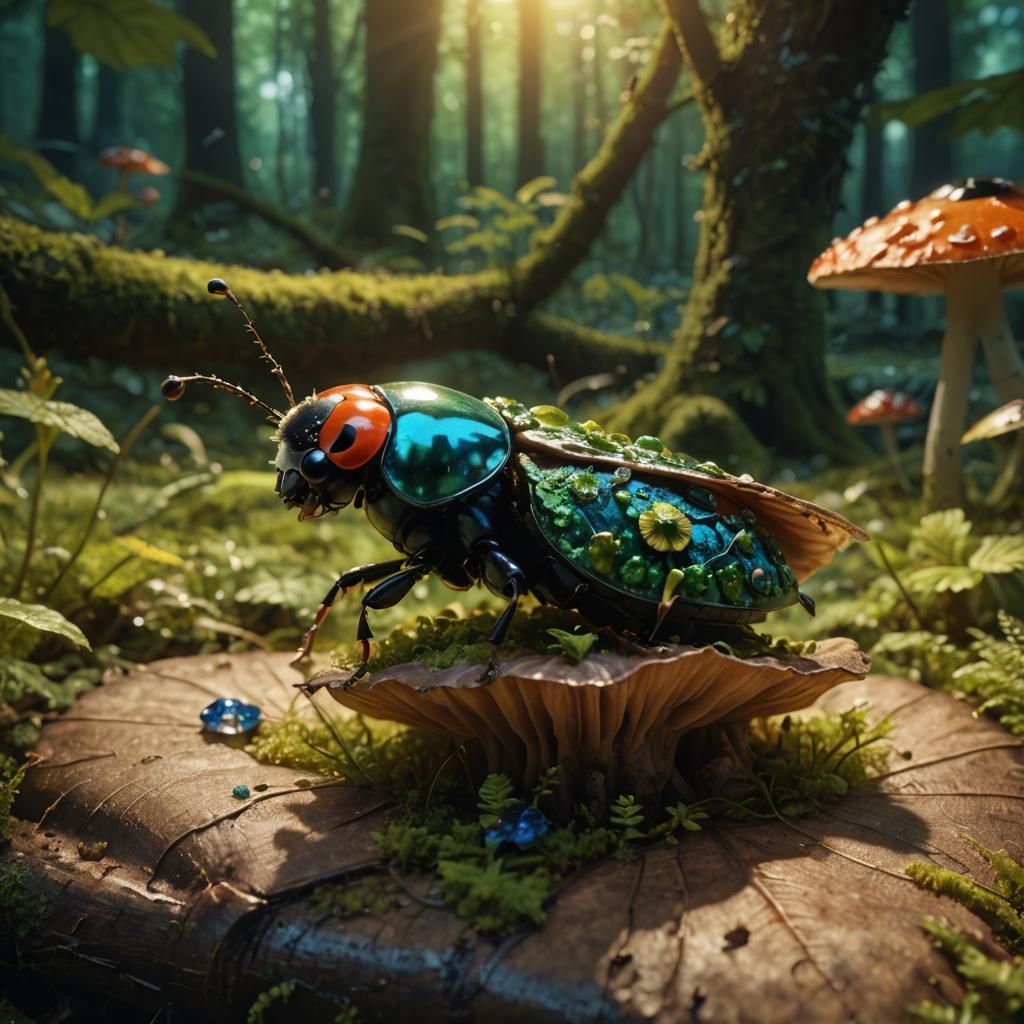 Ladybug on Glowing Mushroom: Fantasy Matte Painting