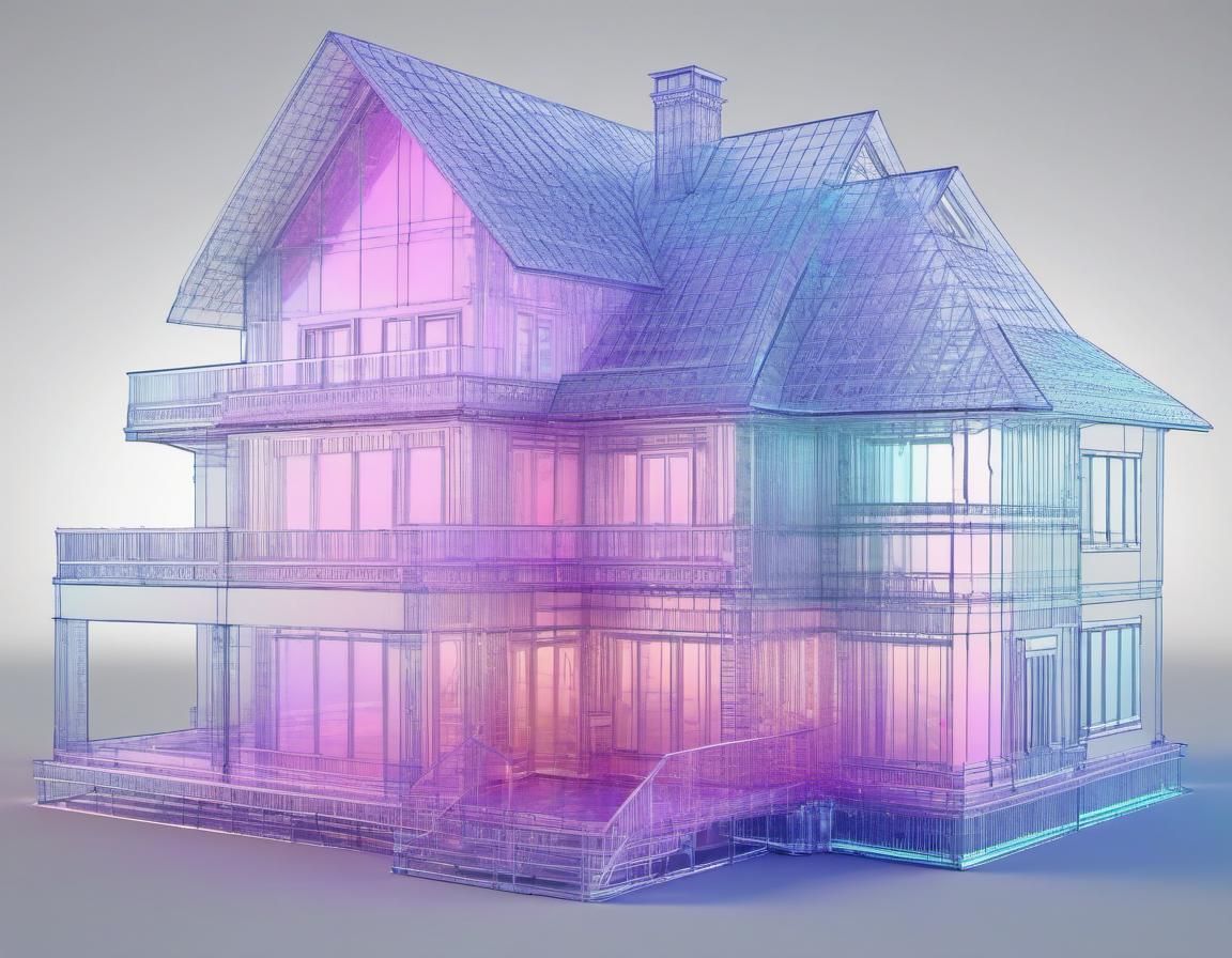Iridescent Wireframe of a Modern House