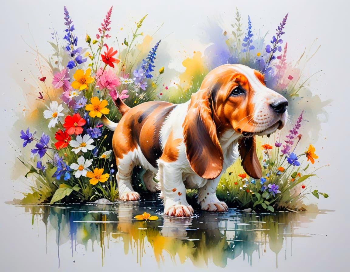Playful Basset Hound in Sunlit Garden