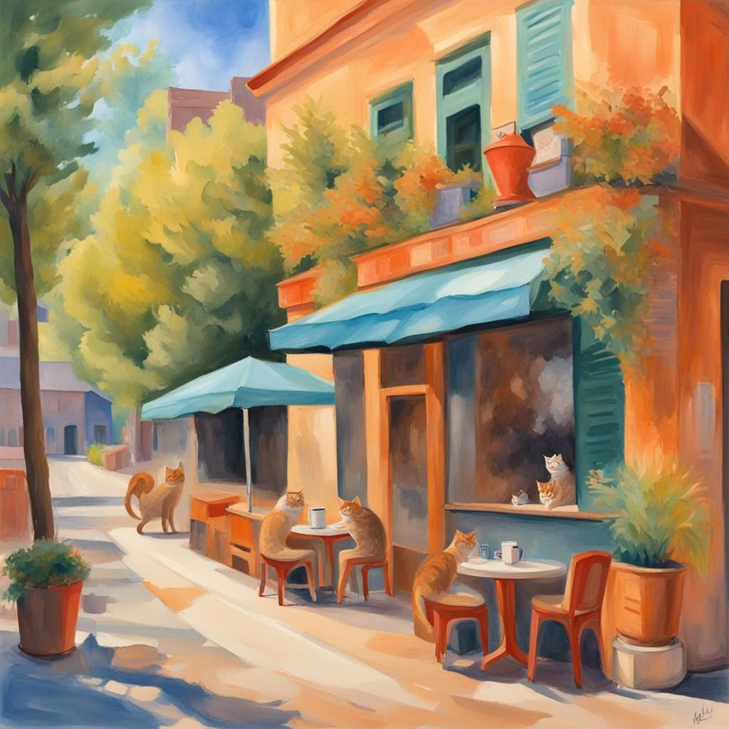 Cat Coffee House in Gouache Style