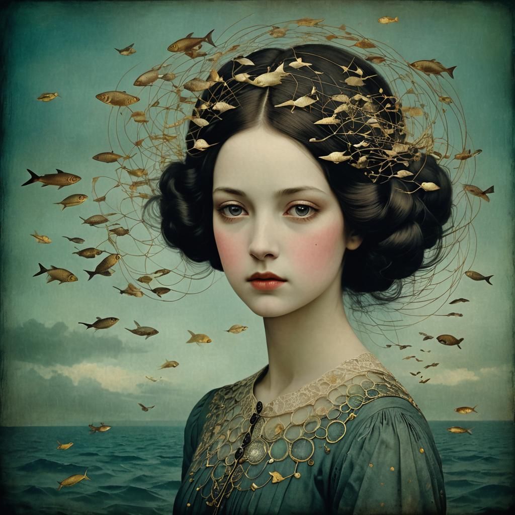 Surreal Woman Lost in a Sea of Thoughts