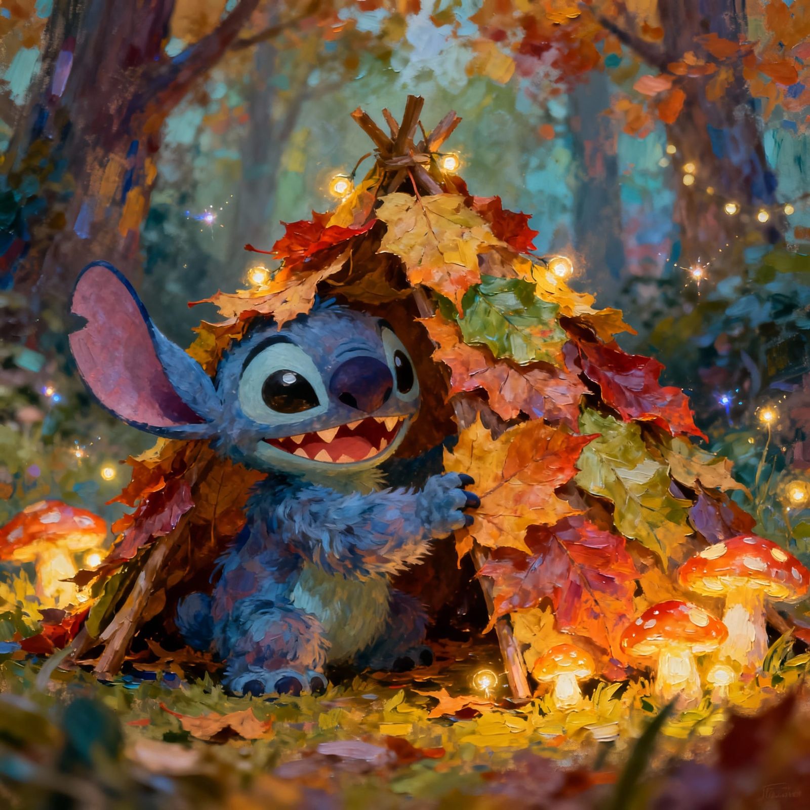 Stitch Builds a Whimsical Leaf Fort