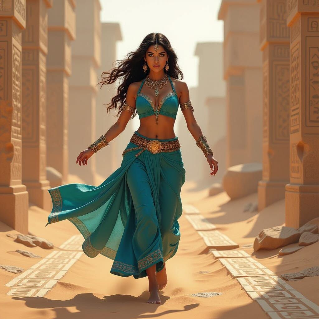 Azure Dancer in Sacred Ruins: Digital Art