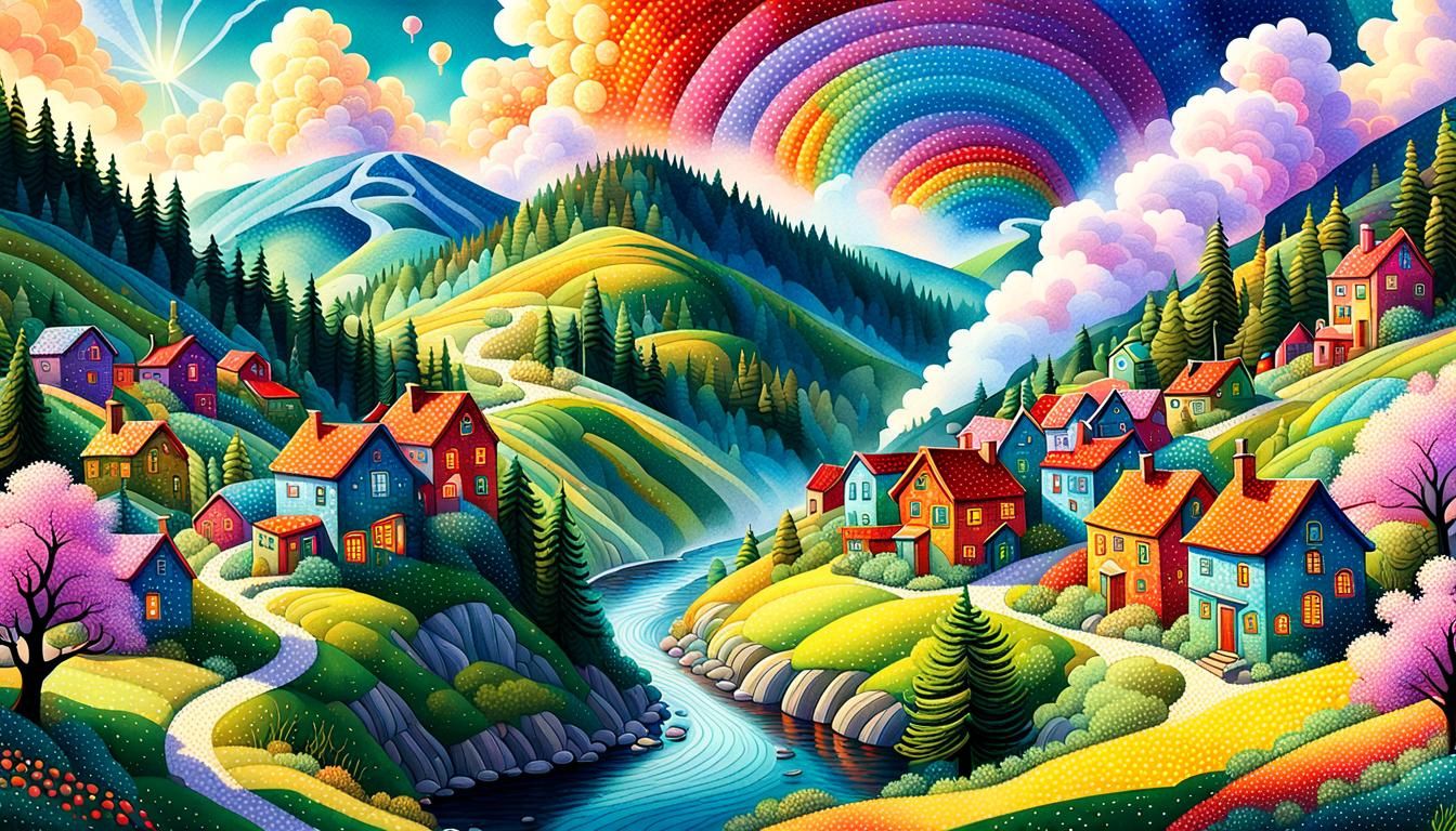 Colorful Spring Village Illustration with Pointillism Detail...