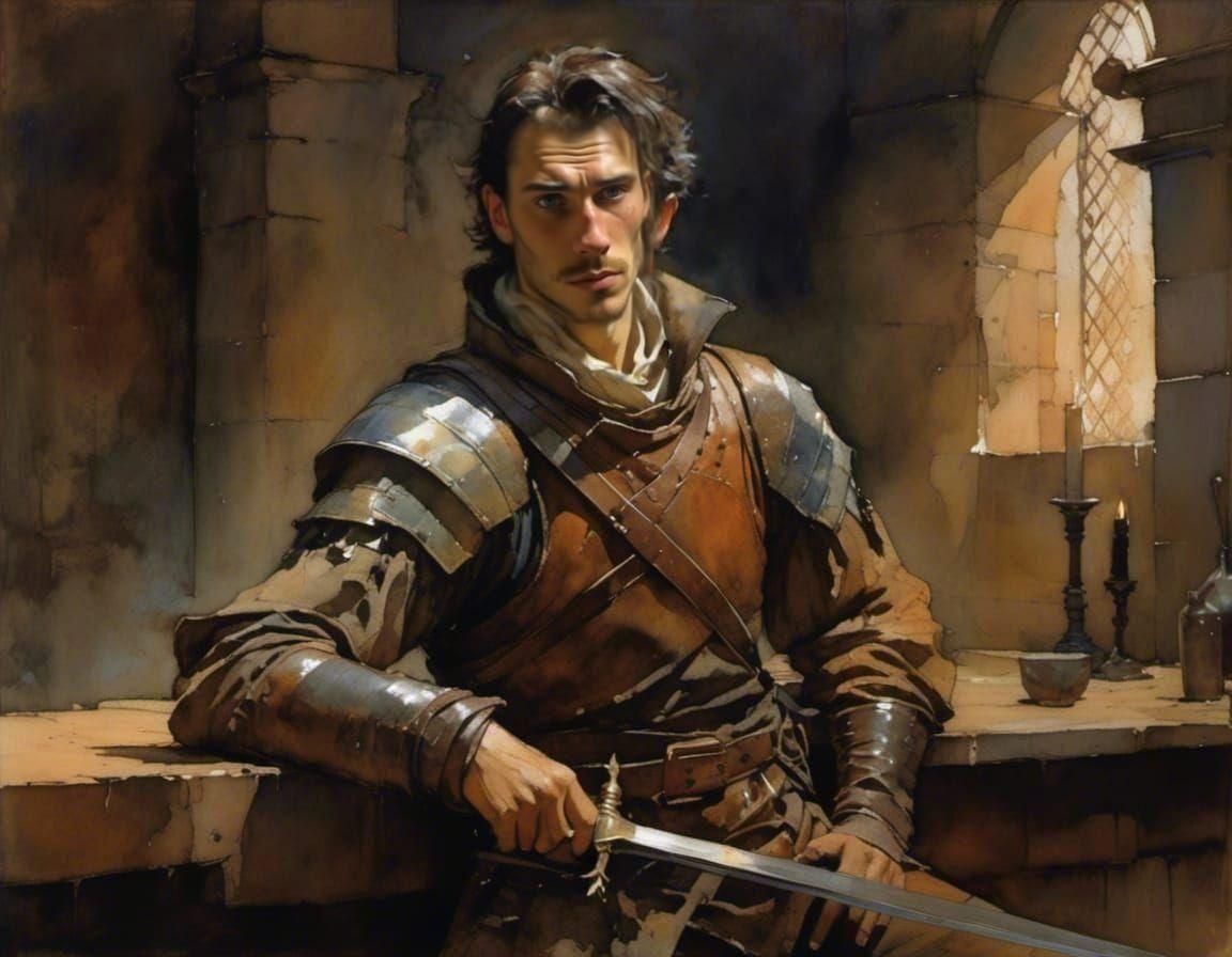 Bored Young Man in Leather Armor, Oil Painting Style