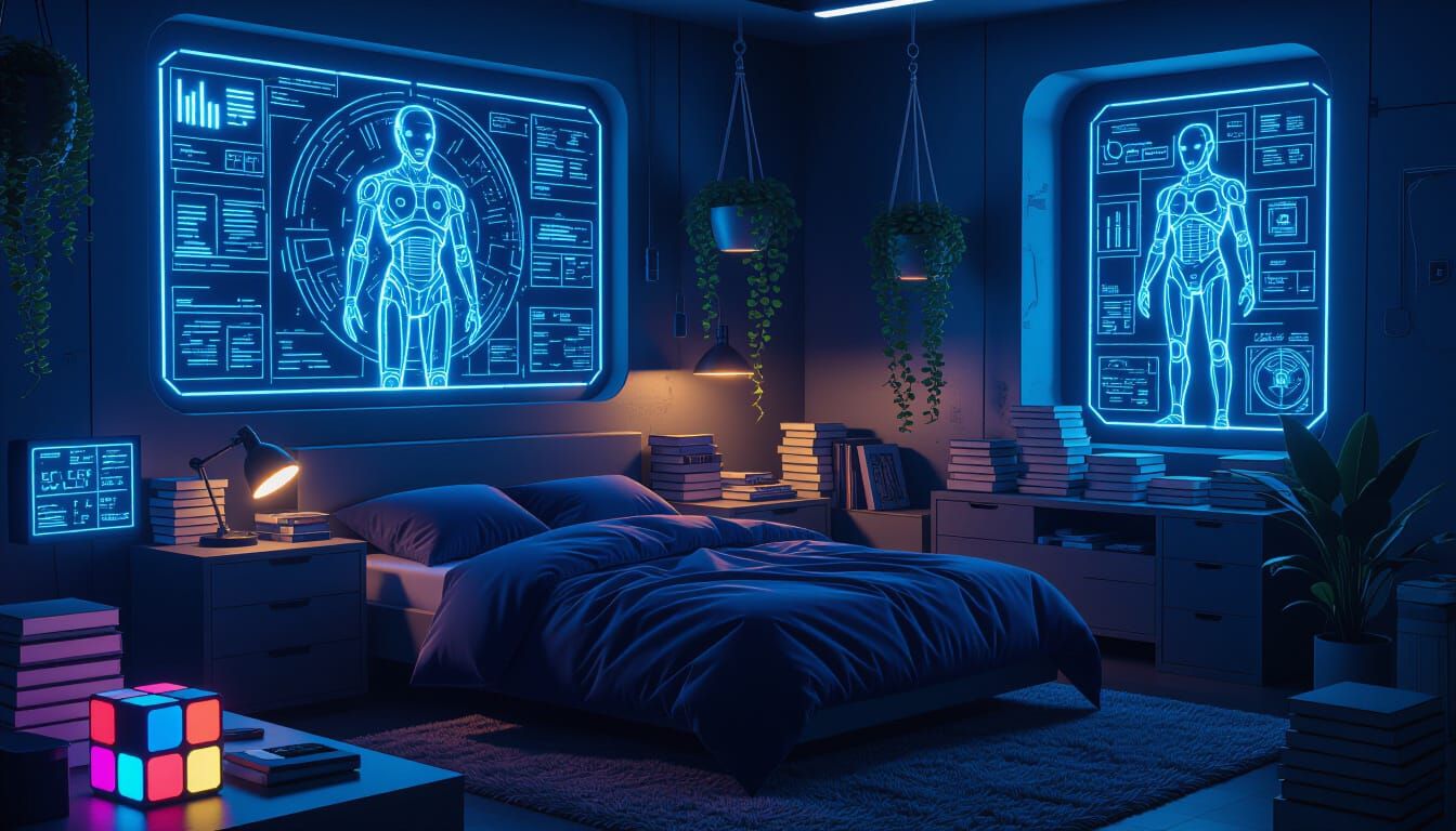 Cozy Cyberpunk Room with Holographic Displays